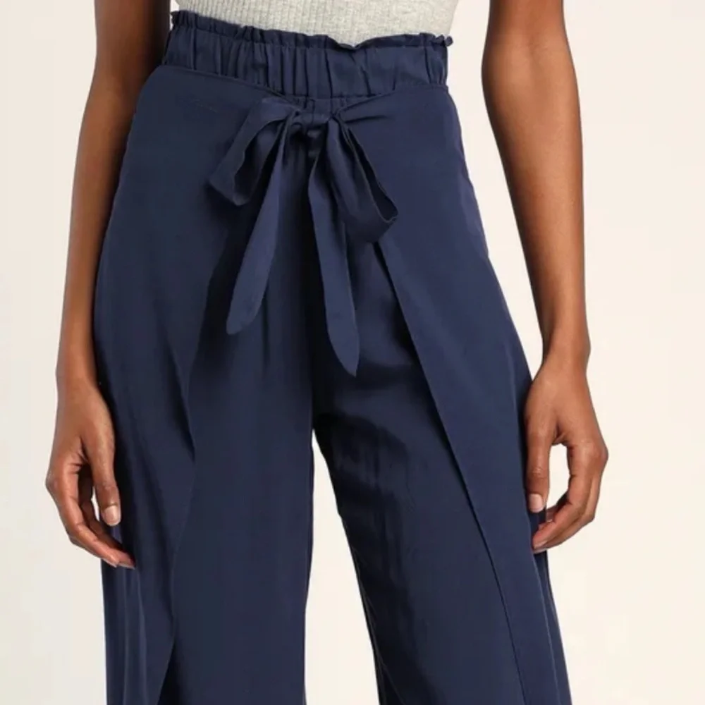Lulus Always Here For You Navy Blue Tie Front Wide Leg Pants Pull On Ankle XS - Picture 2 of 11